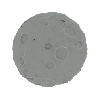 3D model render of a gray, spherical planetoid covered in numerous craters of varying sizes and depths, against a white backg