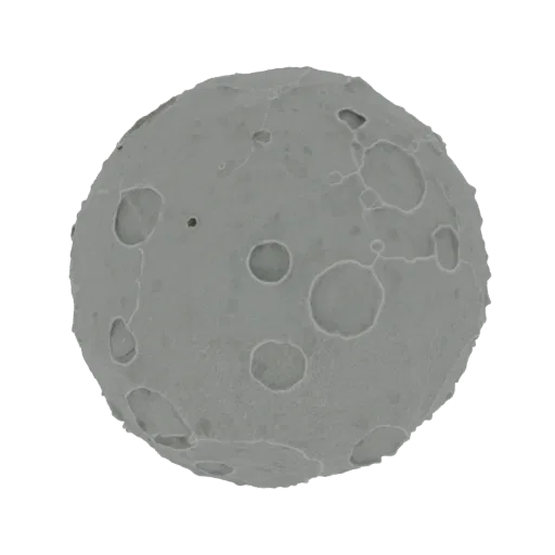 3D model render of a gray, spherical planetoid covered in numerous craters of varying sizes and depths, against a white backg