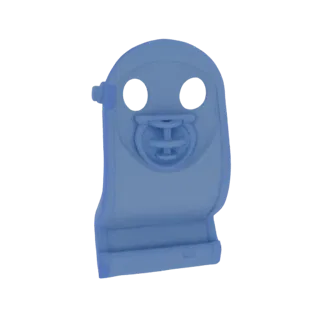 3D-Modell eines blauen Geist-Schnullerhalters mit großen schwarzen Augen, präsentiert vor einem weißen Hintergrund.