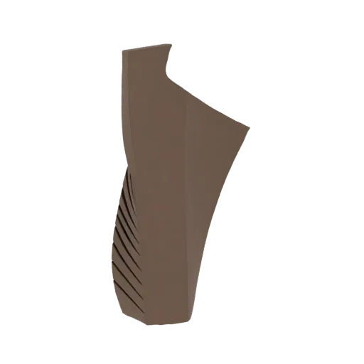3D render of an abstract sculptural vase with a smooth, curved body and a detailed ribbed base, presented in a matte brown fi