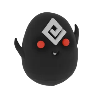 Ein 3D-Render einer süßen, schwarzen, eiförmigen Kreatur mit roten Augen und einem weißen Wirbel-Emblem auf der Stirn, isolie