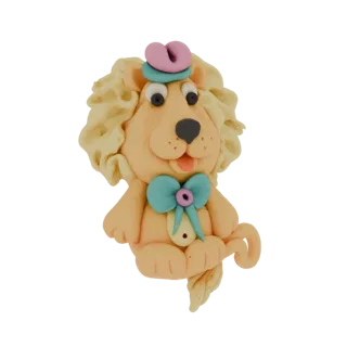 3D model of a cute clay lion wearing a blue bowtie and a pink and blue hat, with a fluffy mane and tail.