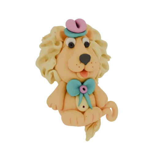 Modello 3D di un simpatico leone in argilla con papillon blu e cappello rosa e blu, con criniera e coda soffici.