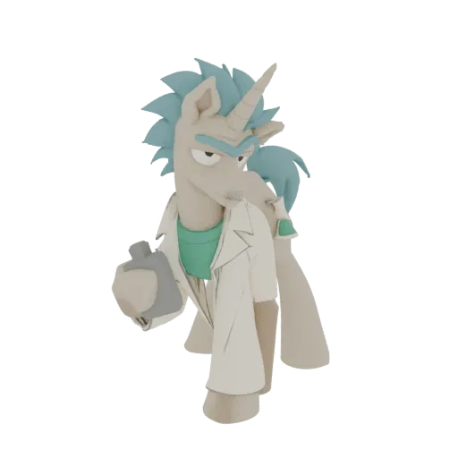 Modelo 3D de Rick Sanchez como unicórnio, vestindo um jaleco e segurando um frasco, com cabelo azul e expressão mal-humorada.
