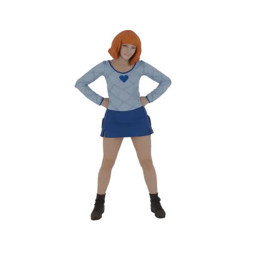 3D model of an anime girl with an orange bob wig, blue sweater with a heart, and a blue skirt, standing with hands on hips.