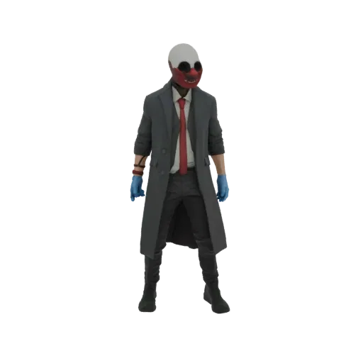 3D model of a figure wearing a white and red mask, a grey trench coat, red tie, and blue gloves, standing against a white bac