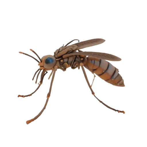 Stylized 3D model of a forest mosquito with blue eyes, brown body, and transparent wings, on a white background.