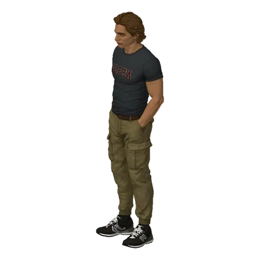 3D model of a man wearing a dark t-shirt with 'ALPHA' text and khaki cargo pants, standing with hands in pockets.