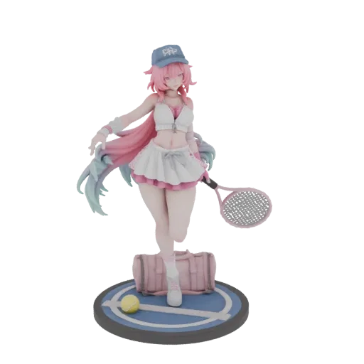 3D model of an anime tennis player with pink hair, holding a tennis racket, wearing a visor and sporty outfit, with a tennis