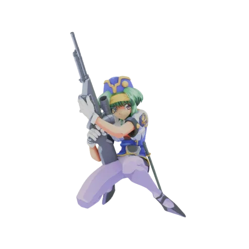 Modello 3D di ragazza anime con capelli verdi, indossa uniforme blu e oro, tiene fucile da cecchino in posa da combattimento.