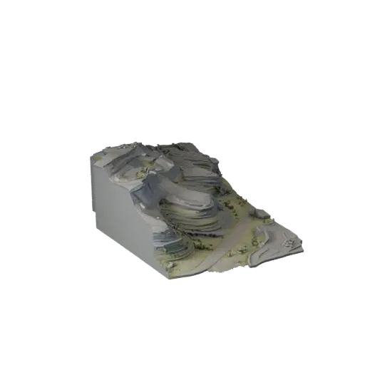 Modular Riverbank Terrain High Poly 3D model, close-up cinematic environment render, showing layered soil, water edges.