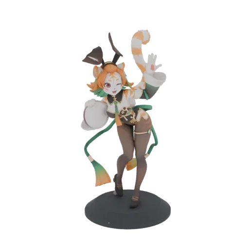 3D model of an anime tiger girl with bunny ears, winking and striking a playful pose, wearing a detailed outfit and standing