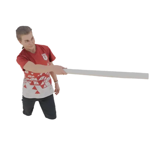 Modello 3D di persona in maglietta rossa che tiene un lungo bastone bianco in orizzontale.