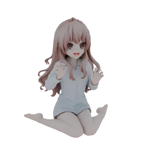 3D model of a cute anime girl with long brown hair, wearing light blue pajamas, kneeling with arms outstretched in a playful