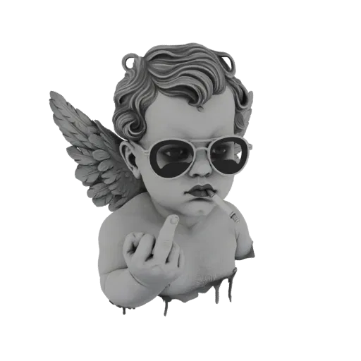 3D model of a cherub statue wearing sunglasses and smoking a cigarette, giving the middle finger.