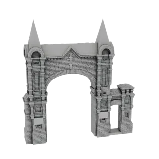 3D-Modell-Rendering eines grauen, steinfeldähnlichen gotischen Torbogens mit zwei spitzen Turmspitzen und einem gebrochenen A