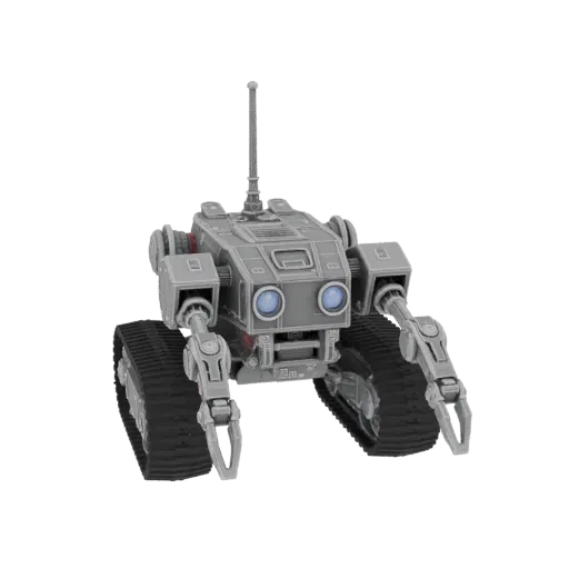 Crawler Style Robot Printable 3D model, isometric STL render, showing metal frames, robot form.