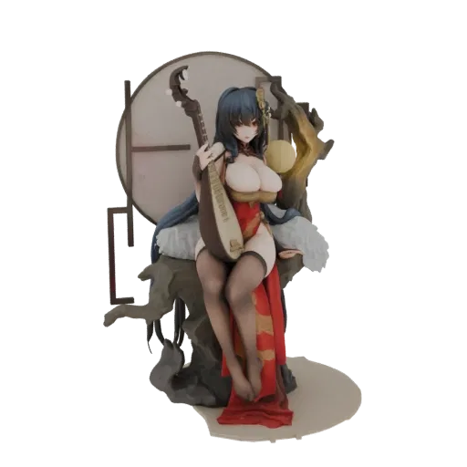 3D model of an elegant Chinese woman in a red dress playing a lute, with a moon-like backdrop.