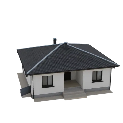 3D model of a modern single-story house with white walls, a dark tiled roof, and large windows, set against a white background.