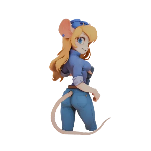 3D model of Gadget Hackwrench from Chip 'n Dale Rescue Rangers, wearing a blue shirt and denim shorts, with blonde hair and g