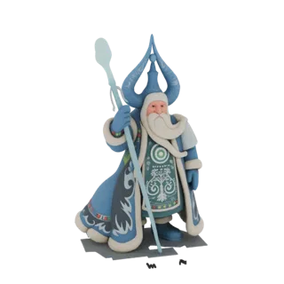 Modèle 3D d'un Magicien Hivernal Givré portant un manteau et un chapeau bleus, tenant un bâton, avec des motifs complexes sur