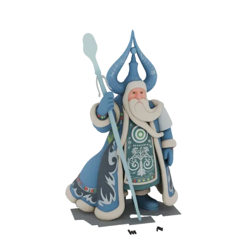 3D-Modell eines frostigen Winterzauberers in blauem Mantel und Hut, der einen Stab hält, mit komplexen Mustern auf seiner Rob