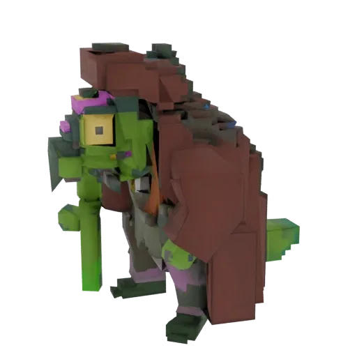 A voxel-style 3D model of a green-skinned troll character wearing a brown cloak and holding a staff, rendered against a white