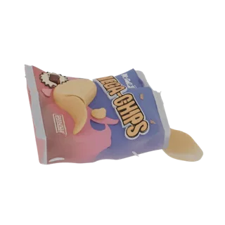 Modello 3D di un sacco rovesciato di 'Mega Chips' con patatine sparse intorno, con packaging rosa e blu.