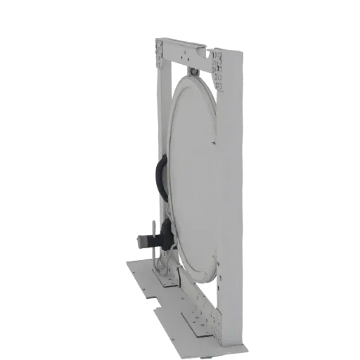3D model of an industrial metal hose reel with a grey metallic finish and a visible mounting bracket, set against a black bac