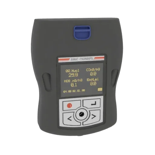 3D model of a portable multi-component gas analyzer with a digital display showing gas readings and navigation buttons.