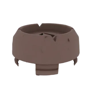 Un rendering 3D di un portacenere marrone con quattro ritagli angolari sul bordo e una base a clip, presentato su sfondo bian