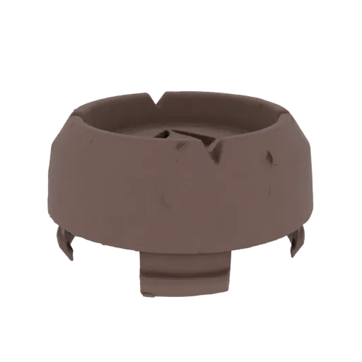 Ein 3D-Rendering eines braunen Aschenbechers mit vier eckigen Ausschnitten am Rand und einer Clip-artigen Basis, präsentiert