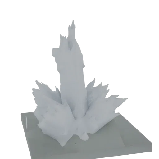 3D model of an abstract ice sculpture with sharp, flowing forms and a stylized leaf-shaped base, rendered in a cool, frosted