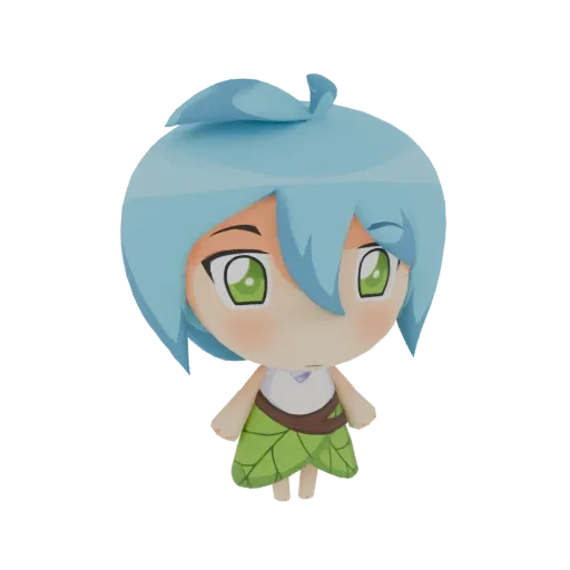 A 3D render of a cute Chibi Fairy character with blue hair, green eyes, and a leaf-patterned skirt, presented on a white background.