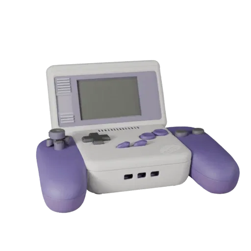 Retro Handheld Console 3D model, three-quarter front view, Unity viewport, showing matte plastic, console proportions.