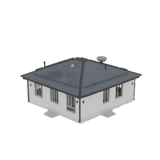 Modèle 3D d'une maison moderne de plain-pied avec murs blancs et toit gris foncé, vu sous un angle légèrement élevé.