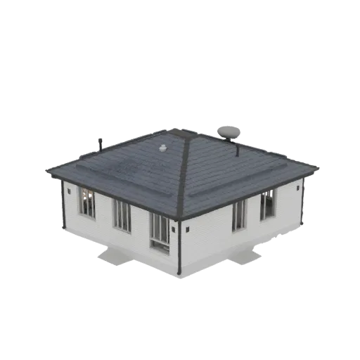 3D-Modell eines modernen Einfamilienhauses mit weißen Wänden und dunkelgrauem Dach, aus einem leicht erhöhten Winkel betracht
