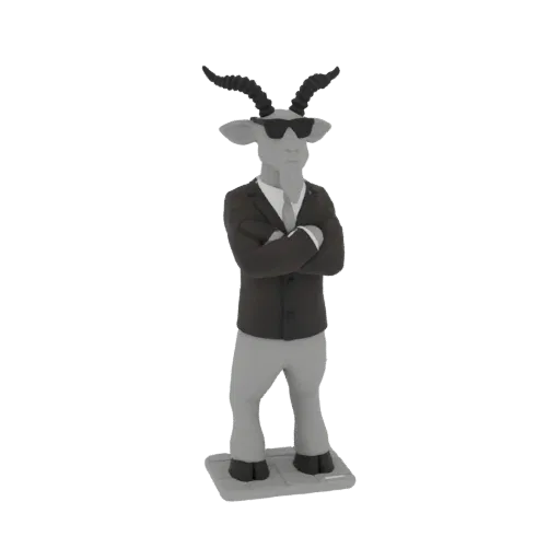 3D model of a grey goat wearing a black suit, white shirt, tie, and black sunglasses, standing with arms crossed on a grey ba