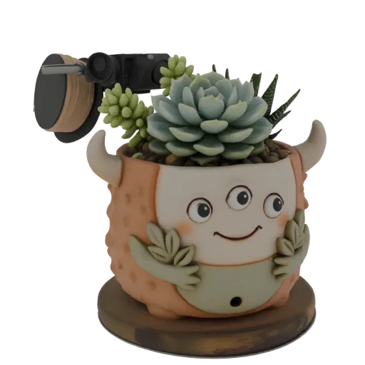 3D model render of a cute, three-eyed monster planter holding succulents, with a rustic wooden base.