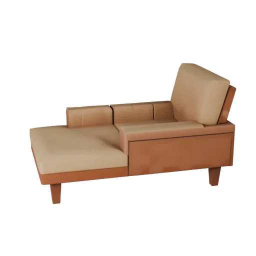 Compact Chaise Lounge Low Poly 3D model, living room, game viewport three-quarter view, woven fabric detail.