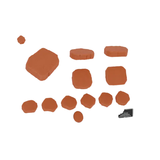 A collection of irregularly shaped, textured clay terracotta paving stones scattered on a black background.