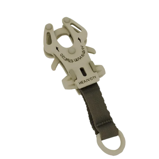 3D model of a tan tactical buckle with an olive drab webbing strap and D-ring, shown against a white background.