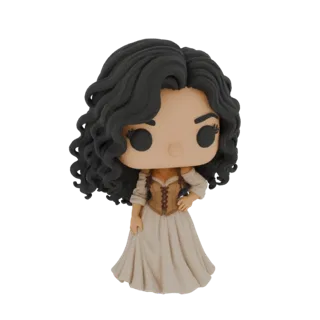 3D model of a fantasy princess in an off-shoulder dress, styled like a Funko Pop, with dark curly hair and a detailed corset.