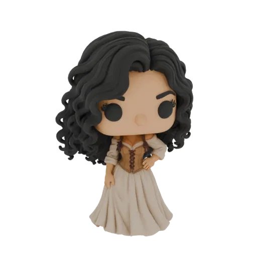 3D-Modell einer Fantasy-Prinzessin in einem schulterfreien Kleid, im Funko Pop-Stil, mit dunklem lockigem Haar und detaillier