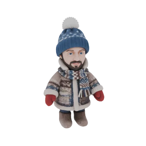3D model of a man wearing a blue winter hat, scarf, and coat, with red mittens and brown boots.