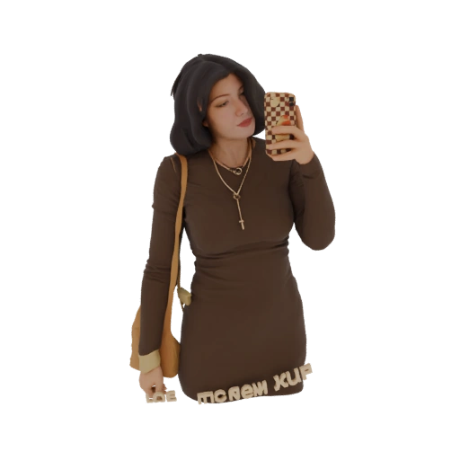 Woman in Brown Dress with Handbag and Phone