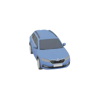 Ein 3D-Render eines blauen Kombis mit getönten Fenstern und Dachreling, präsentiert auf weißem Hintergrund.