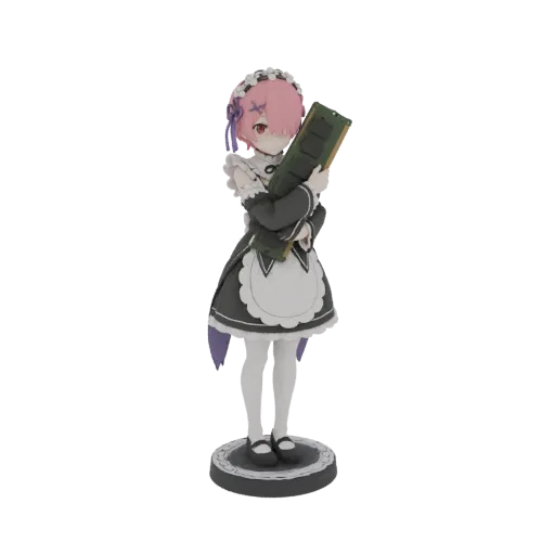 3D model of an anime maid character with pink hair, wearing a maid outfit and holding a computer RAM stick, standing on a dec