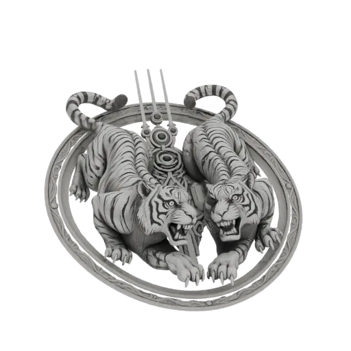 Modelo 3D de um pingente com dois tigres ferozes rugindo dentro de uma moldura circular ornamentada.