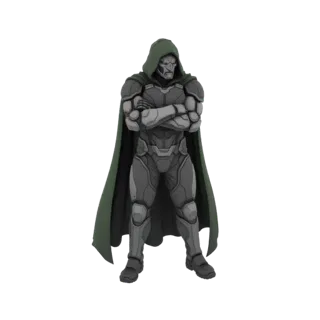 Modelo 3D da armadura do Doutor Destino, com capa verde com capuz, placas de armadura cinza metálico e braços cruzados.